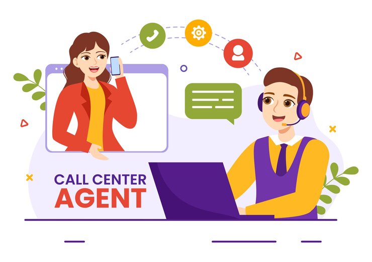 Vector ilustración del agente del centro de llamadas del servicio al cliente o del operador de la línea directa con auricular y computadora