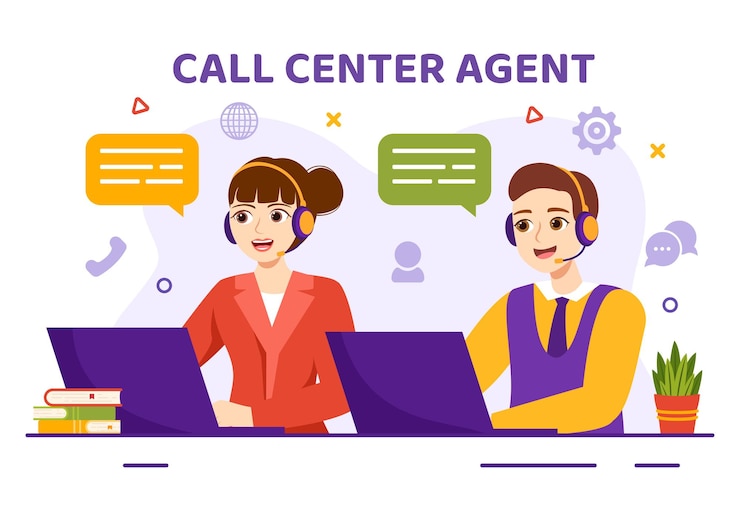 Vector ilustración del agente del centro de llamadas del servicio al cliente o del operador de la línea directa con auricular y computadora