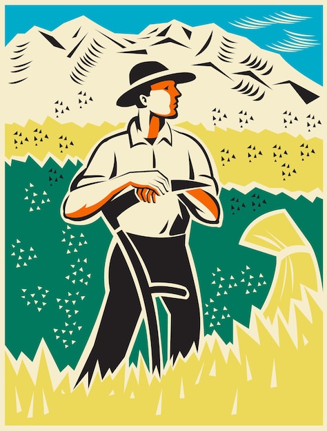 Vector ilustración de un agricultor con una falda de pie en un campo de trigo con montañas hechas en estilo grabado en madera retro