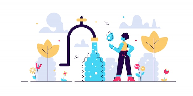 Ilustración de agua potable Concepto de persona de problema potable de África plana pequeña. Falta de un líquido mineral seguro y saludable en el postre seco y caliente. Necesidad esencial de H2O fresca, limpia y clara.