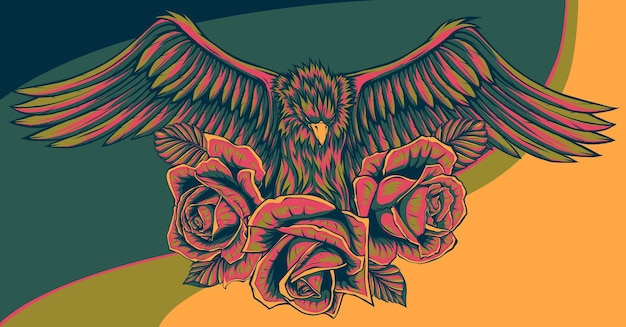 Ilustración de águila con rosas de flores.