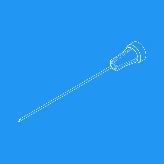 Ilustración de la aguja de la jeringa del diseño del esquema blanco isométrico del vector fondo azul aislado