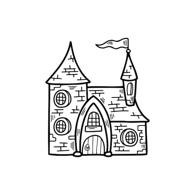 Ilustración aislada en blanco y negro del castillo de vampiros en el fondo