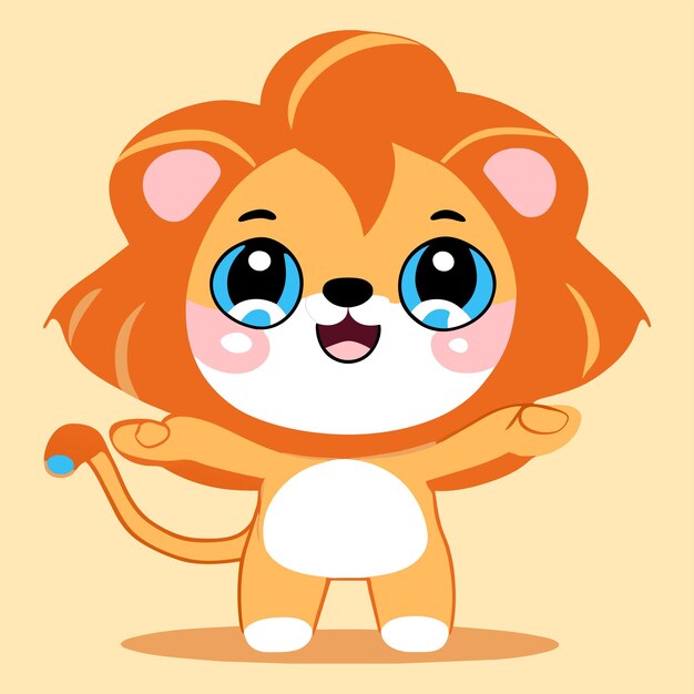 Ilustración aislada del concepto del icono de la etiqueta engomada de la historieta dibujada mano linda de la mascota del león