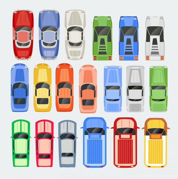 Ilustración aislada conjunto del icono de la vista superior del transporte de coches en plano