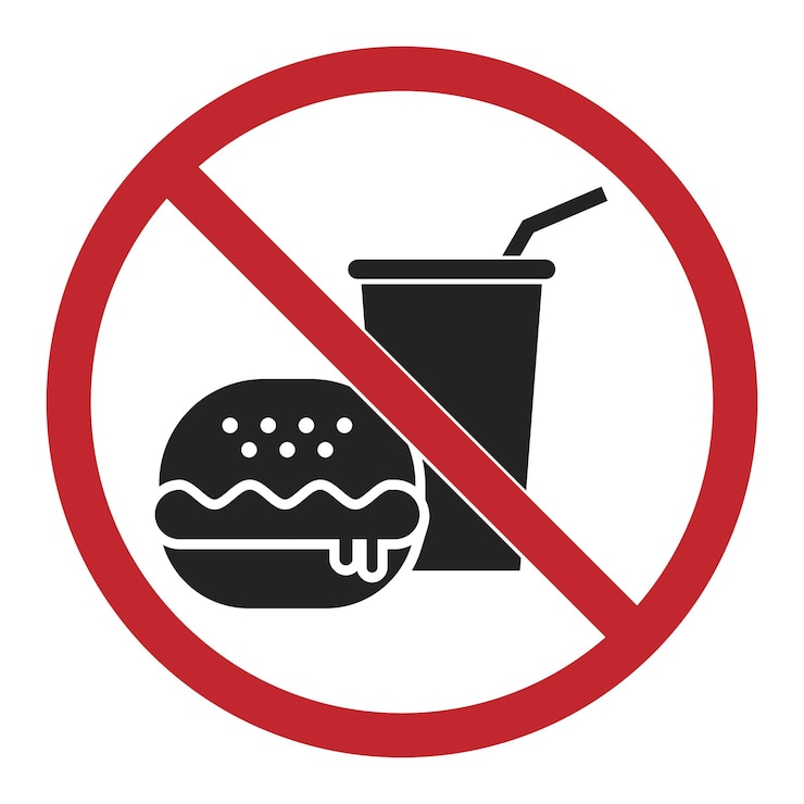 Vector ilustración aislada de no llevar comida y bebida dentro no se permite comida alrededor de un círculo blanco
