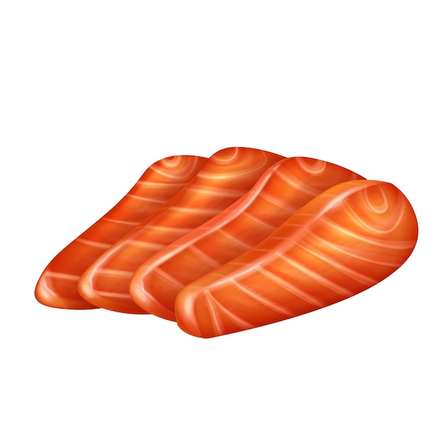 Vector ilustración aislada realista del vector del filete de salmón de las rebanadas. trozos de pescado rojo crudo o trucha.