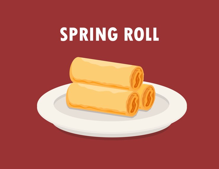 Ilustración aislada de rollo de primavera de comida china en un plato blanco.
