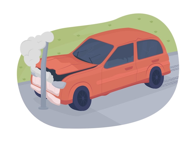 Ilustración aislada del vector 2d del accidente de coche. Objeto de automóvil dañado sobre fondo de dibujos animados. Choque de auto. Situación potencialmente mortal. Colisión frontal del coche contra la colorida escena del poste
