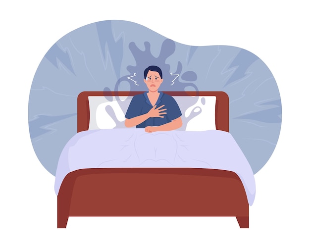 Vector ilustración aislada de vector 2d de ataque de pánico nocturno el hombre despierta de repente un personaje plano en el fondo de dibujos animados experimenta el miedo mientras duerme escena colorida para la presentación del sitio web móvil