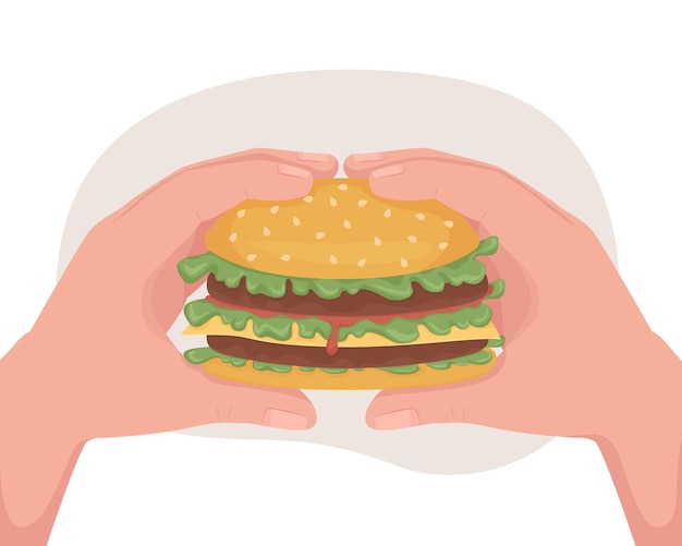 Ilustración aislada del vector 2D de la hamburguesa de la comida rápida