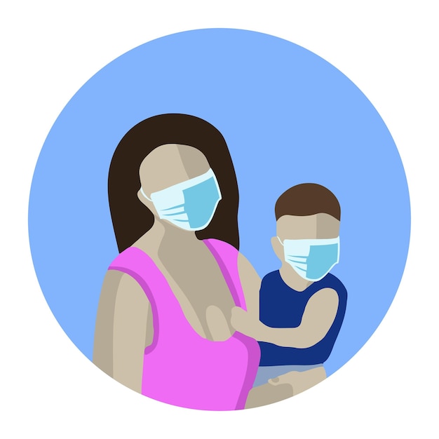 Ilustración aislada por vectores de una madre con un niño con máscaras médicas en un hospital de atención infantil