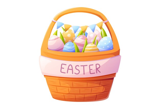 Ilustración aislada vectorial brillante de una canasta de Pascua llena de huevos decorados de colores y hierba verde fresca adornada con banderas festivas Perfecta para invitaciones de tarjetas de felicitación de diseño de vacaciones