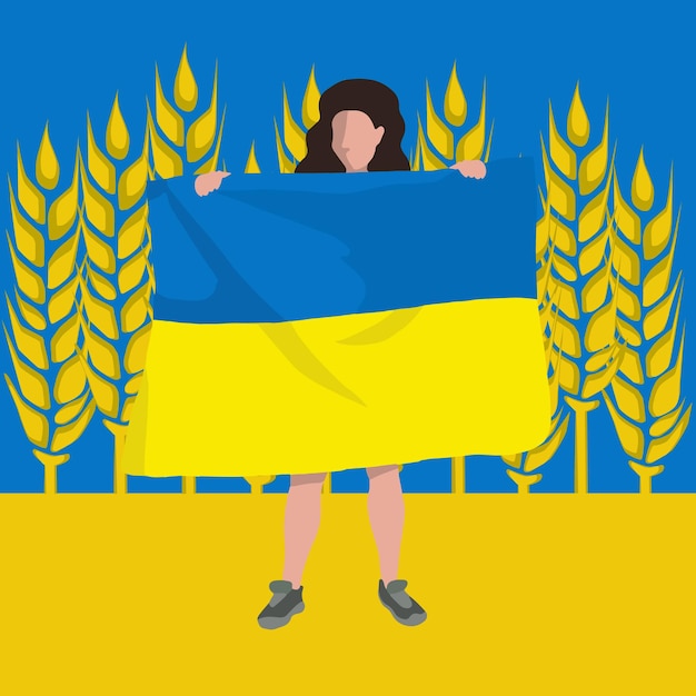 Ilustración aislada vectorial de una chica que sostiene la bandera de Ucrania.