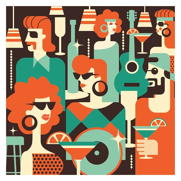 Ilustración al estilo de los años 70. Fiesta retro.