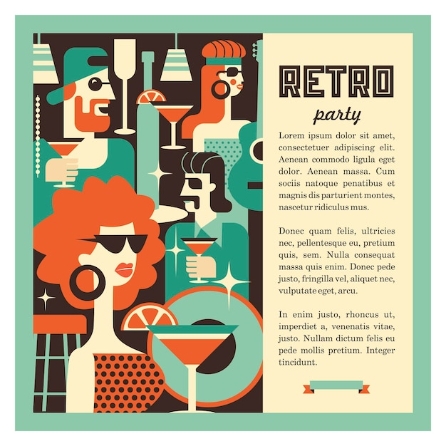 Ilustración al estilo de los años 70. Fiesta retro.