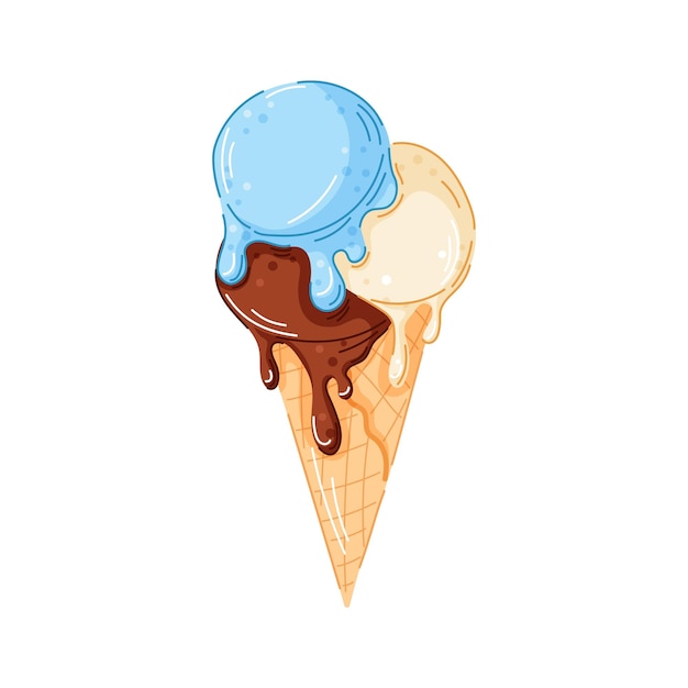 Ilustración al estilo de dibujos animados de un cono de helado de cuchara de triple fusión con arándanos de chocolate o menta