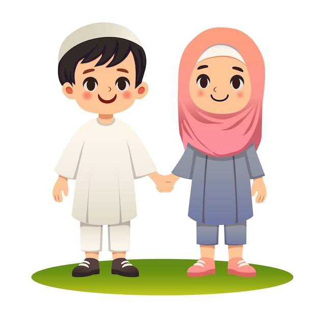 Ilustración al estilo de dibujos animados vectoriales Feliz Eid AlFitr niños musulmanes niño y niña tomados de la mano