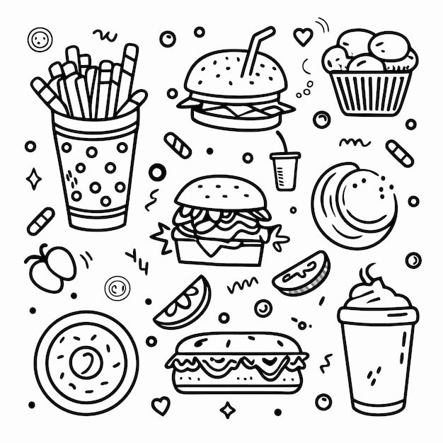 Ilustración al estilo Doodle de comida rápida con varios elementos