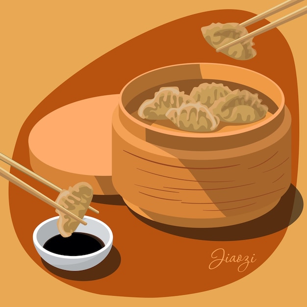 Ilustración de albóndigas chinas Jiaozi y palillos de vapor de bambú sostienen albóndigas y salsa