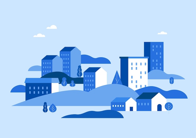 Ilustración de una aldea con edificios azules