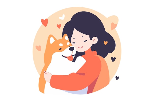 Una ilustración alegre de una chica con un suéter naranja abrazando a un perro feliz rodeado de corazones flotantes Vector plano