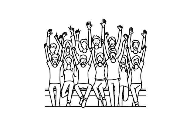 Ilustración alegre de una multitud joven animando. Levanta las manos. Un grupo de jóvenes dibujando un vector de línea.