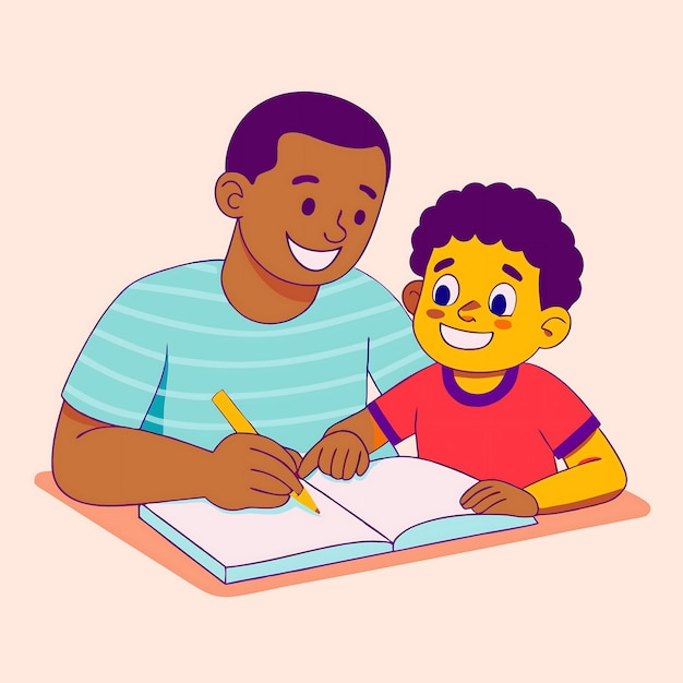 Ilustración alegre de un padre y un hijo disfrutando de una actividad de aprendizaje