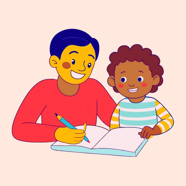Ilustración alegre de un padre y un hijo disfrutando de una actividad de aprendizaje