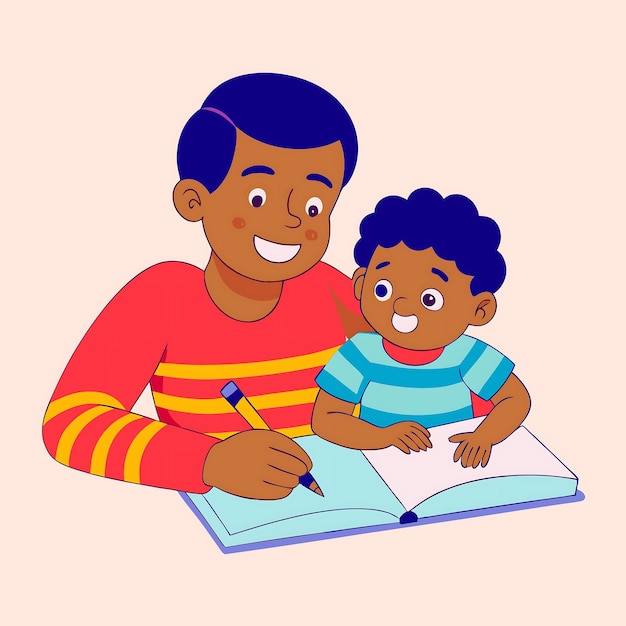 Ilustración alegre de un padre y un hijo disfrutando de una actividad de aprendizaje