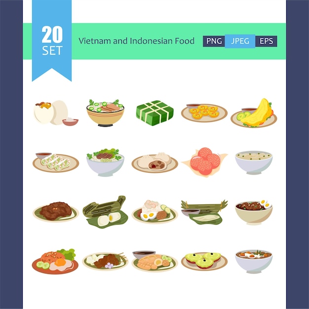 Ilustración de alimentos de la ASEAN de Vietnam e Indonesia