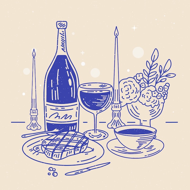 Ilustración de alimentos y bebidas dibujada a mano