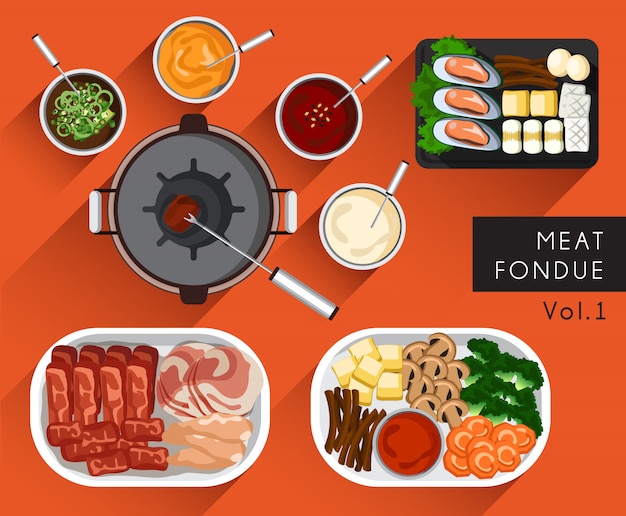 Ilustración de alimentos: conjunto de fondue de carne