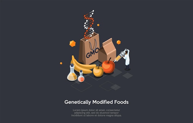 Ilustración de alimentos genéticamente modificados en la oscuridad