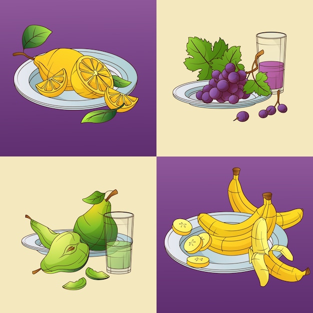 Ilustración de alimentos orgánicos dibujados a mano con frutas y jugos