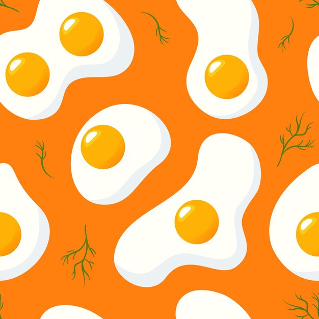 ilustración de alimentos saludables huevos fritos sobre un fondo naranja brillante Verduras de eneldo Patrón sin fisuras