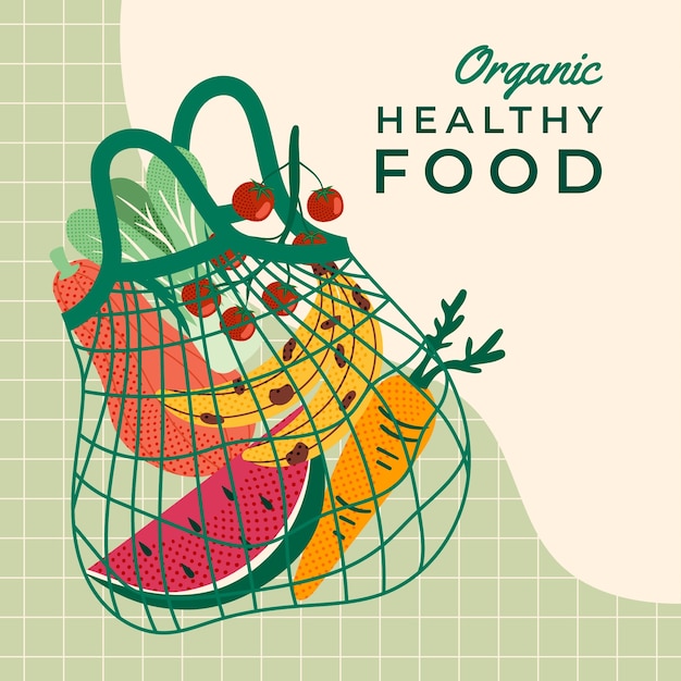 Ilustración de alimentos saludables orgánicos dibujados a mano