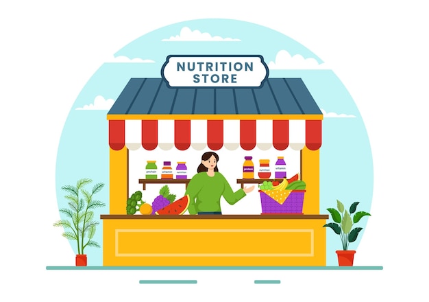 Ilustración de almacén nutricional con suplemento dietético de vitaminas y minerales como las verduras