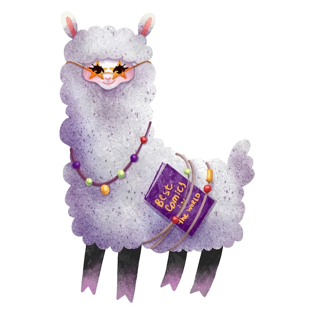 Vector ilustración alpaca hipster con cómics en gafas estrellas lama digital