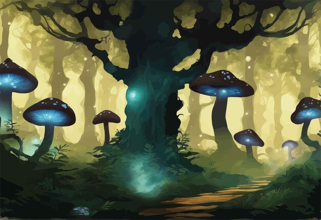 una ilustración de alto ángulo de un hermoso bosque mágico con un árbol una ilustración de alto ángulo de una belleza