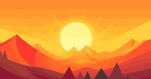 Vector ilustración de amanecer con sol y nubes y montañas
