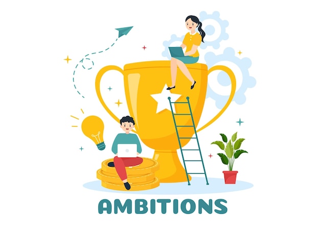 Ilustración de ambición con empresario subiendo la escalera hacia el éxito y el desarrollo profesional