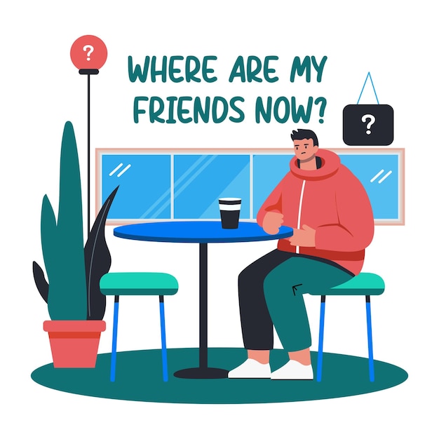 Ilustración de amigos desaparecidos de un personaje en estilo plano