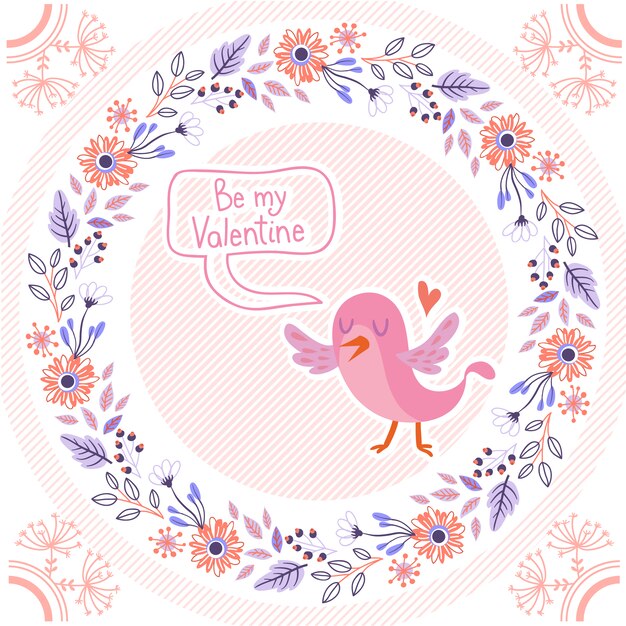 Ilustración de amor con pájaro en guirnalda de flores