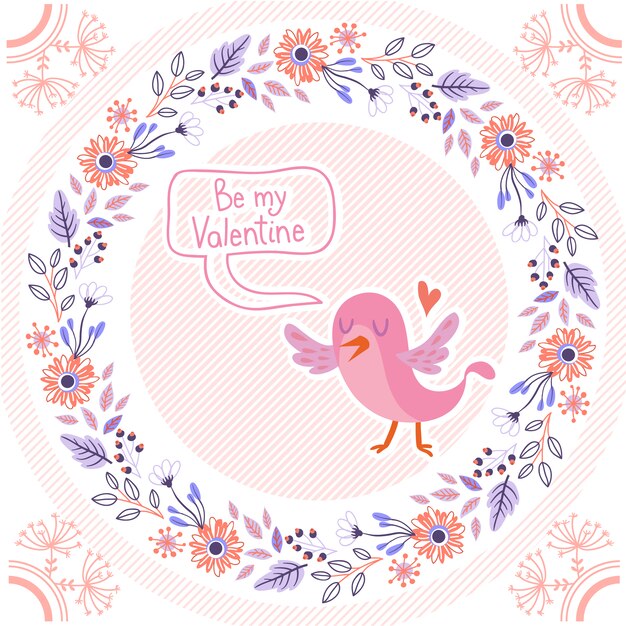 Vector ilustración de amor con pájaro en guirnalda de flores