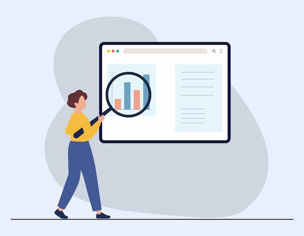 Ilustración de un análisis de datos con arte vectorial de lupa