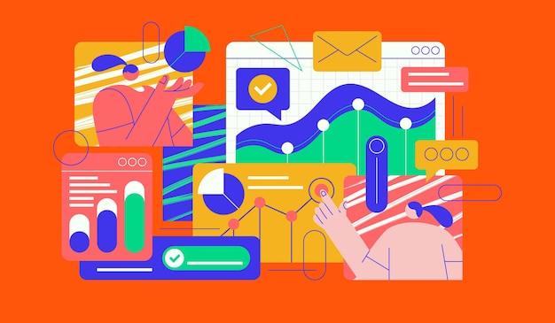 Ilustración de análisis de datos con gráficos Ilustración colorida de visualización de datos con gráficos circulares, gráficos de barras y gráficos de líneas, ilustración vectorial plana