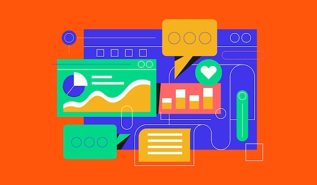 Ilustración de análisis de datos con gráficos Ilustración colorida de visualización de datos con gráficos circulares, gráficos de barras y gráficos de líneas, ilustración vectorial plana