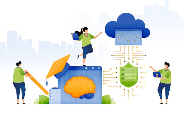 La ilustración del análisis del mérito de los estudiantes con inteligencia artificial ai en educación protegida y segura entre la red en la nube y el sistema ai se puede utilizar para folletos de aplicaciones de carteles de sitios web