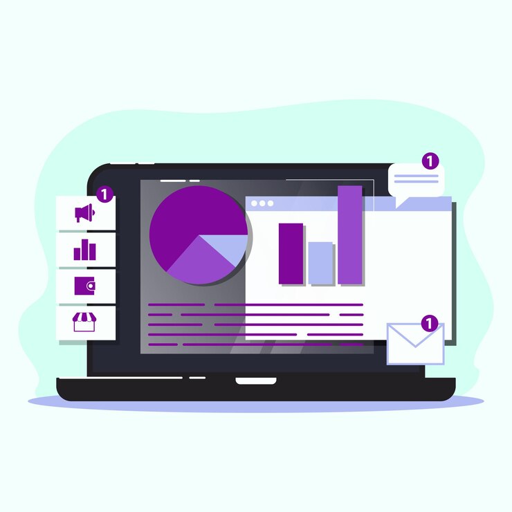 Ilustración analizando el negocio de la tabla de crecimiento en la computadora portátil